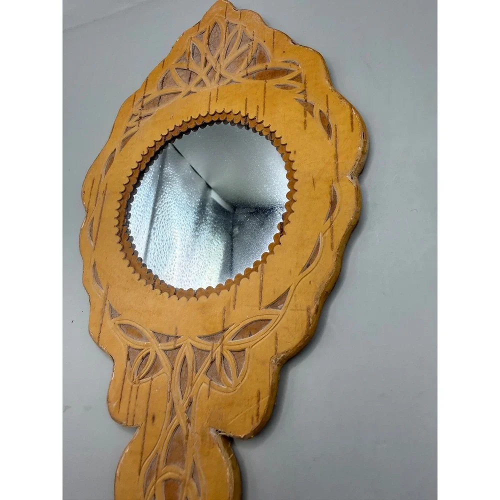 Vintage MCM Eastern European Hand Carved Birch Wood Hand Mirror 11.75